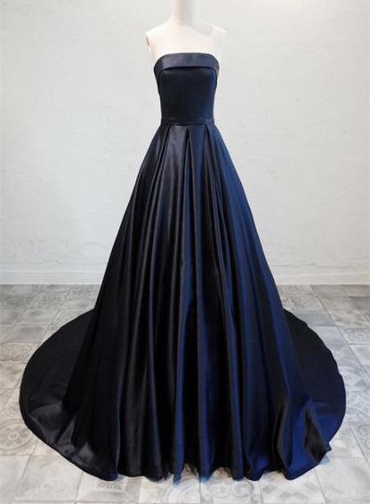 Navy Blue Satin Long Party Dress, Elegant Dark Blue Formal Dress Evening Dress Prom Dresss   cg16143