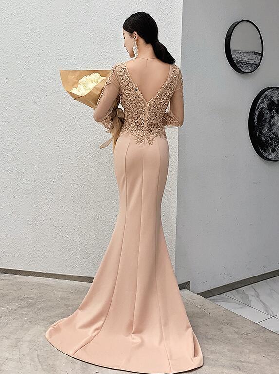 Beautiful Mermaid Champagne Long Sleeves Party Dress, Lace Applique Prom Dress   cg16145