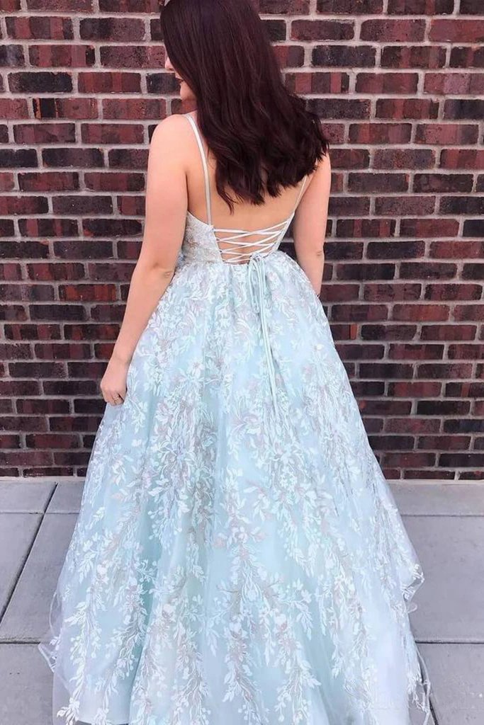 A Line V Neck Backless Blue Lace Floral Long Prom Dress, Blue Lace Formal Dress, Blue Evening Dress   cg16148