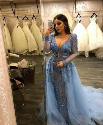 Gorgeous Long Sleeves V-Neck Lace Beaded Mermaid Prom Dresses with Over Skirt    cg16170