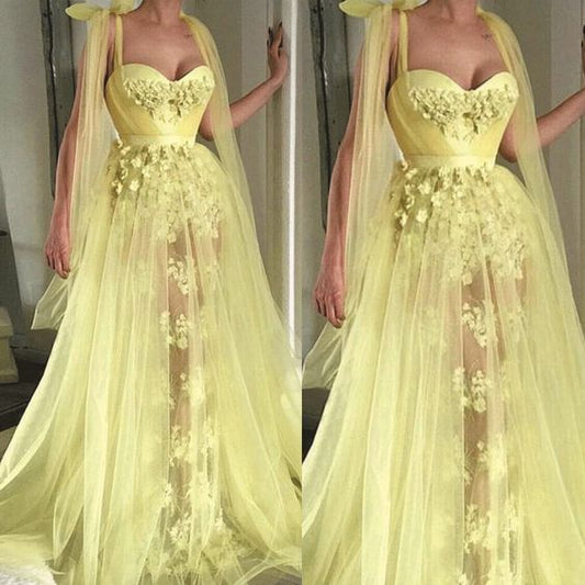 3d flowers prom dresses long yellow elegant lace appliqué beaded sleeveless prom gown   cg16180