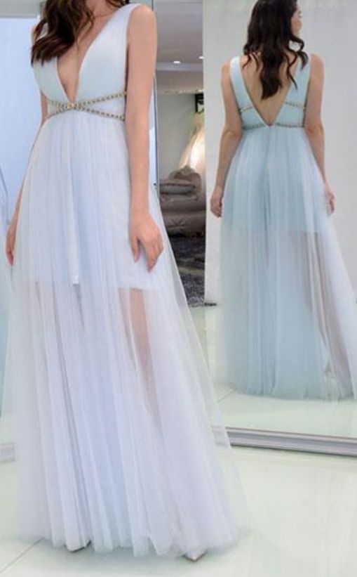 Light Blue Prom Dress,Tulle Prom Dress,A-Line Prom Dresses,V-Neck Prom Dress    cg16188