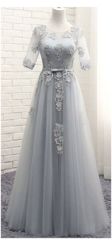 Gray Prom Dresses,Long Prom Dresses,Prom Dresses With Sleeves,Evening Dresses   cg16203