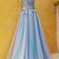 Light Blue Off Shoulder Tulle Lace Applique Party Dress, Blue Prom Dress 2021   cg16206