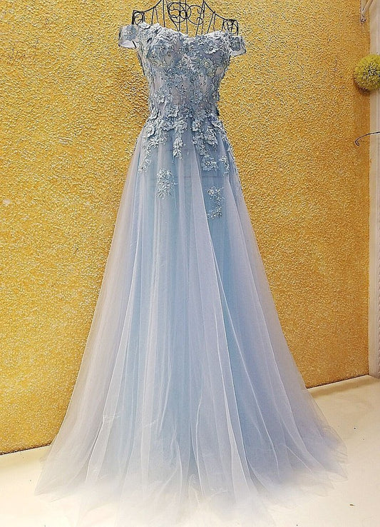Light Blue Off Shoulder Tulle Lace Applique Party Dress, Blue Prom Dress 2021   cg16206