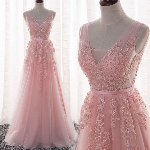 Beautiful Pink Applique Lace Charming Long Tulle Prom Dresses    cg16213