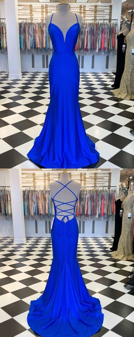Spaghetti Straps Blue Satin Mermaid Prom Dress   cg16214
