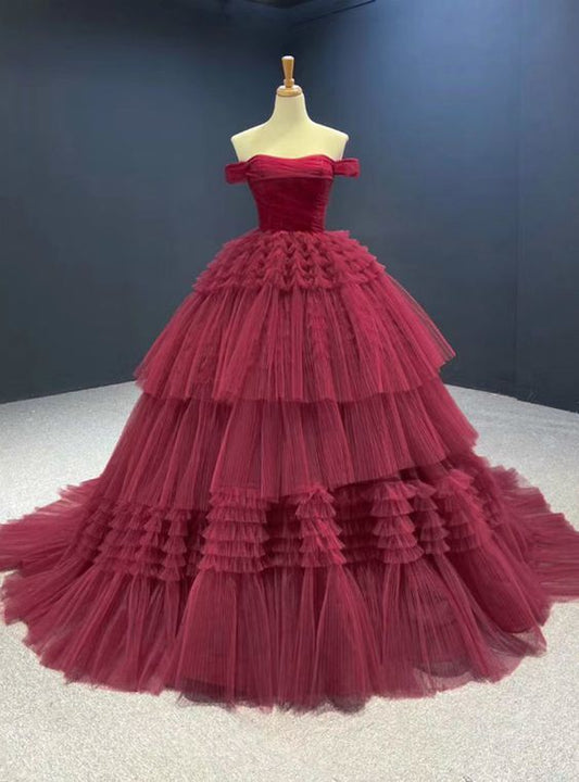 Burgundy Ball Gown Tulle Off the Shoulder Pleats Prom Dress   cg16216