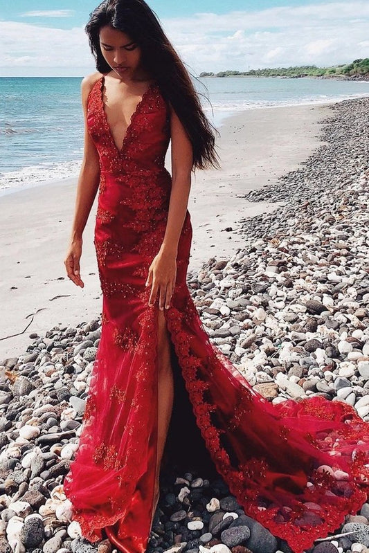 Mermaid V Neck Red Beaded Lace Floral Prom Dress   cg16222