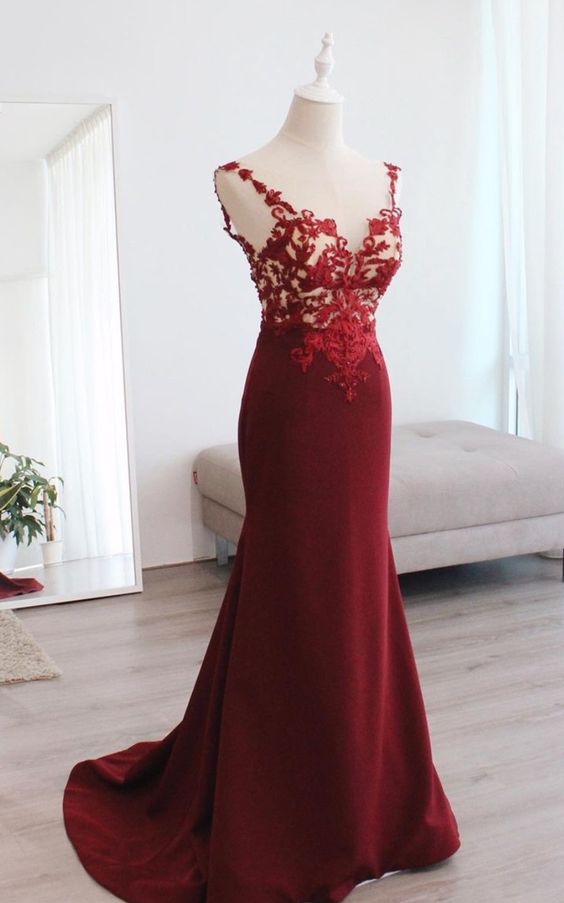 Elegant Burgundy Lace Appliques Prom Dresses Mermaid   cg16240
