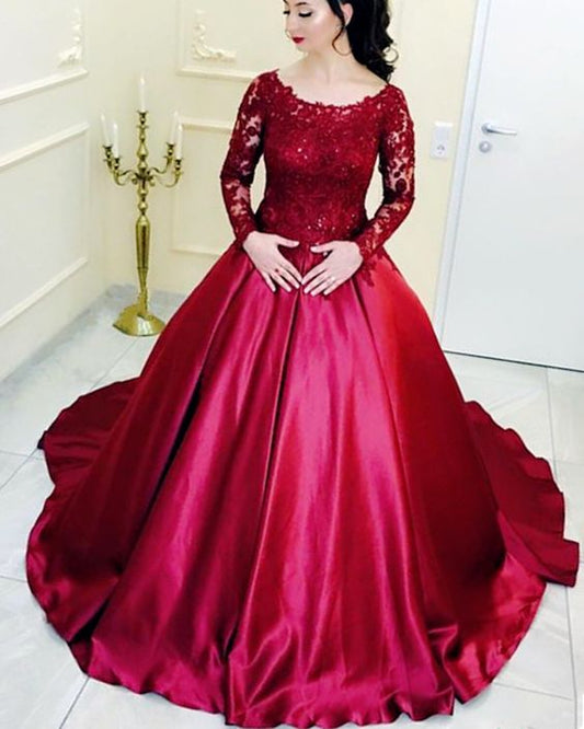 Burgundy ball gown wedding dresses lace long sleeves prom dress   cg16247