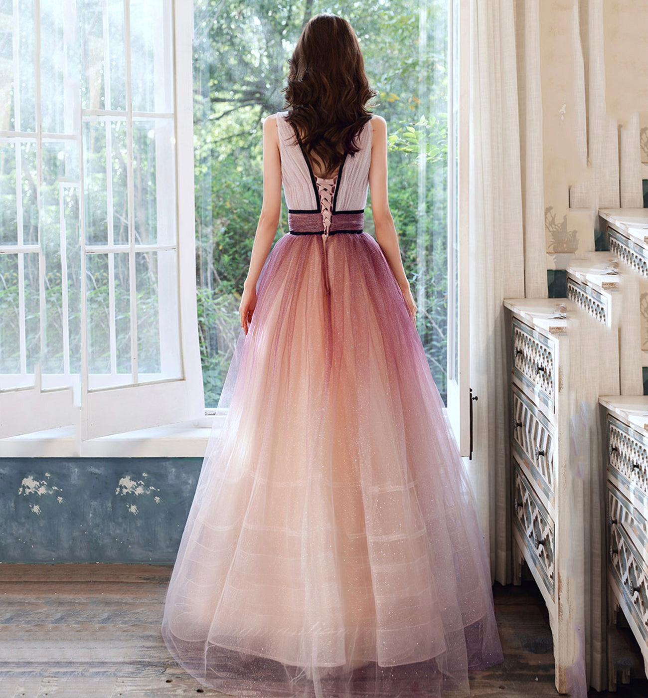 PINK V NECK TULLE LONG PROM DRESS EVENING DRESS    cg16256