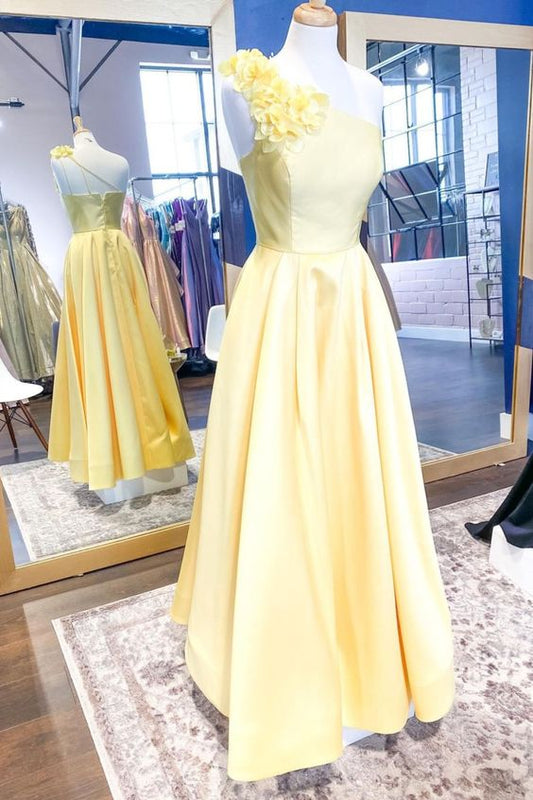 yellow satin long prom dress with one shoulder and flowers   cg16259