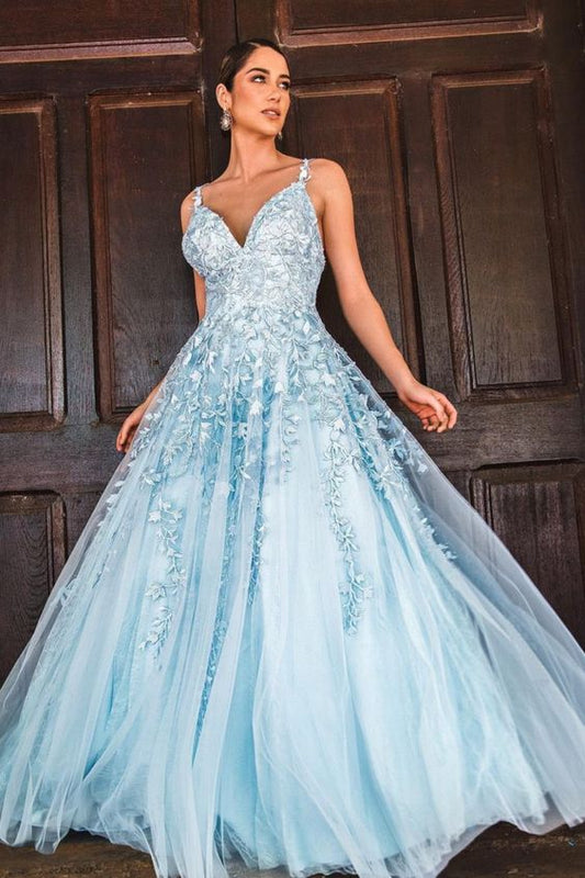 A-line light blue long prom dress with lace appliques   cg16265