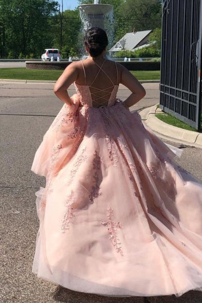 lace up back pink long prom dress   cg16266