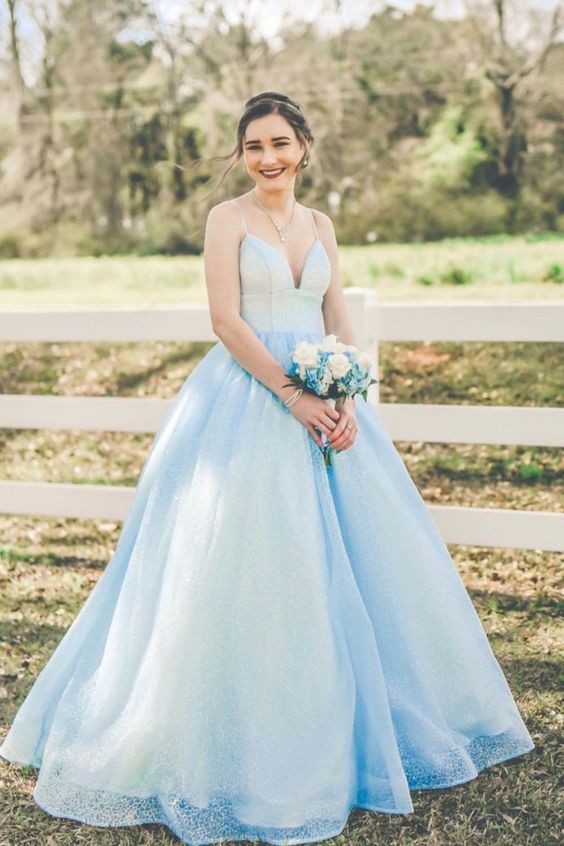 A-line blue long prom dress features with spaghetti straps   cg16267