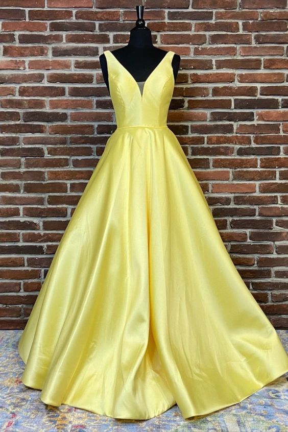simple A-line yellow satin long prom dress with v neck   cg16268