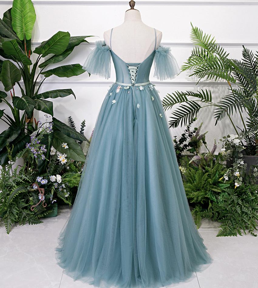 Beautiful Green Tulle Off Shoulder Party Dress, A-Line Prom Dress With Flowers   cg16282