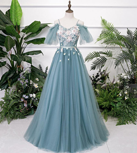 Beautiful Green Tulle Off Shoulder Party Dress, A-Line Prom Dress With Flowers   cg16282