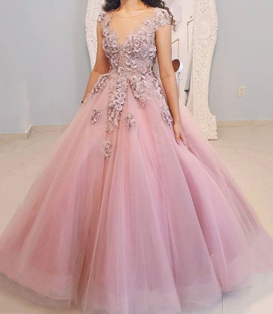 PINK TULLE LACE LONG BALL GOWN PROM DRESS FORMAL DRESS    cg16284