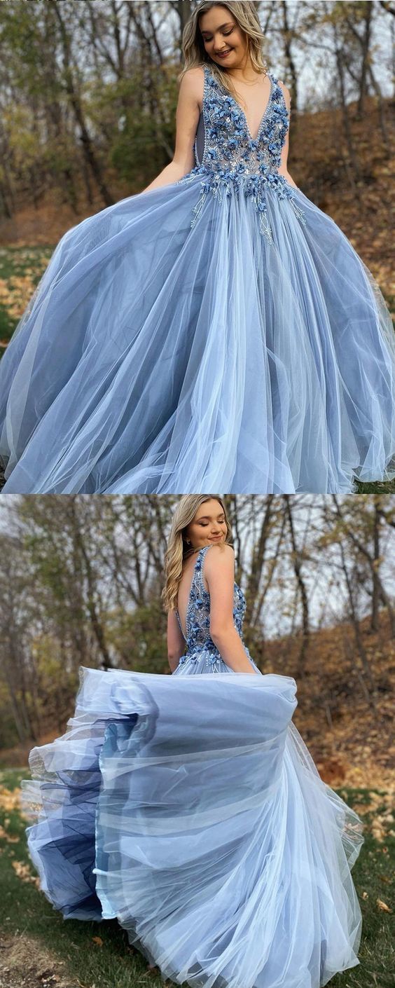 V-neck Beaded 3D Flowers Dusty Blue Tulle Prom Dress   cg16287