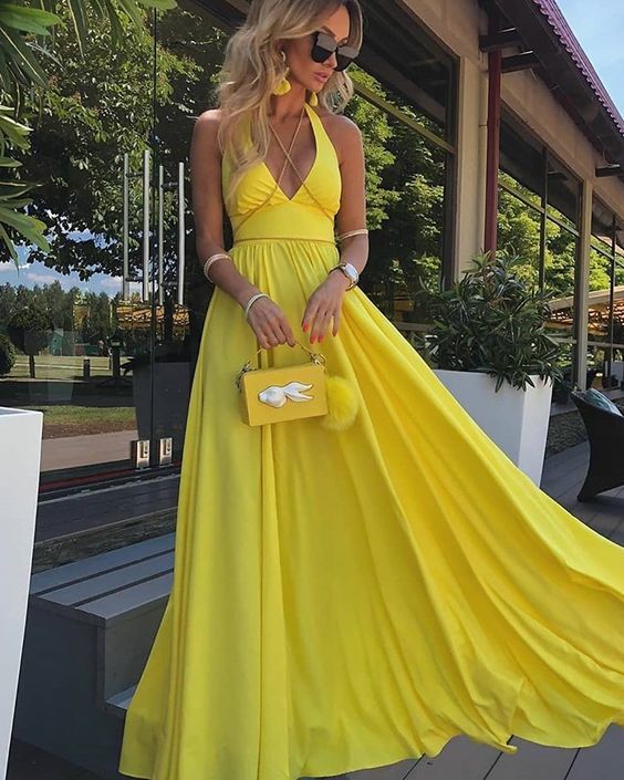 Simple Halter Yellow Satin Pleated Prom Dress  cg16290
