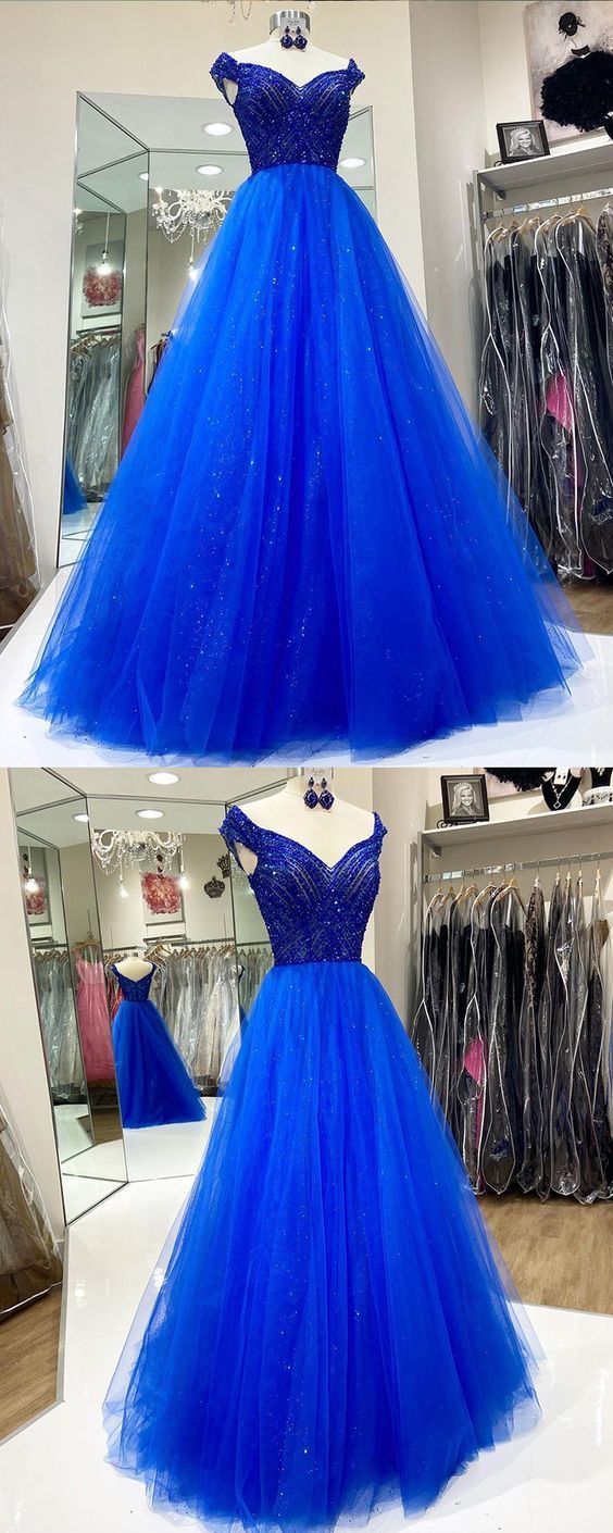 Off the Shoulder Blue Beading Bodice Tulle Prom Dress   cg16291