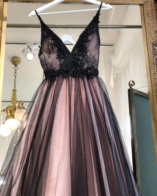 Black A-line Tulle Long Prom Dress   cg16297