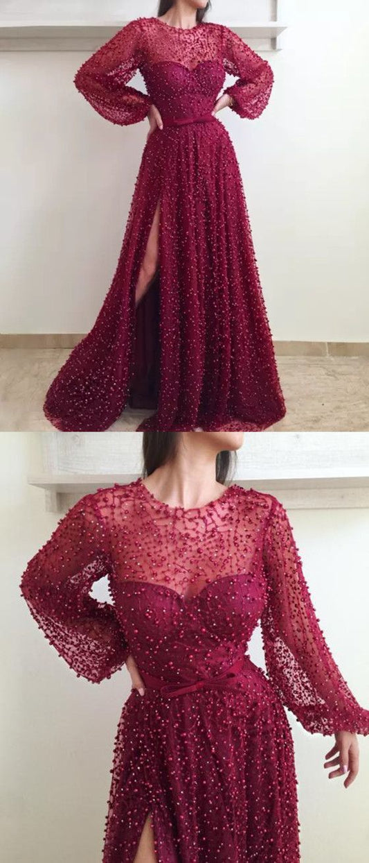 Luxury Pearl Long Sleeve Burgundy Long Prom Dress with Split   cg16299