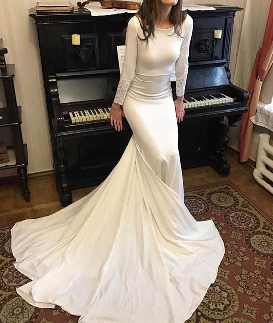 White Round Neck Satin Mermaid Long Prom Dresses White Evening Dress   cg16311