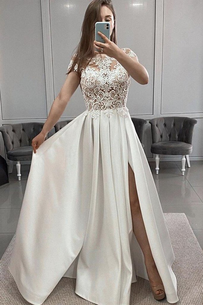 Round Neck Cap Sleeves White Lace Long Prom Dress with Slit, White Lace Formal Dress, White Evening Dress   cg16323