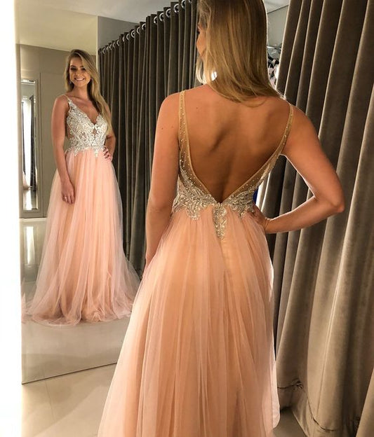 A-Line Pink Tulle Prom Dress with Beading/Appliques   cg16330