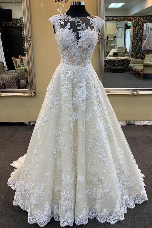 Ivory Lace Round Neck Cap Sleeve Sweep Train Custom Size Wedding Dress, Formal Prom Dress   cg16331