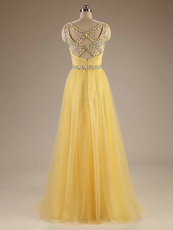 Spaghetti Straps Long Tulle Evening Gowns,Charming Long Prom Dresses,Yellow Dresses   cg16336