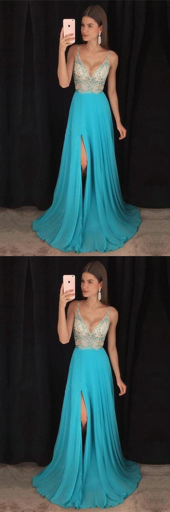 Beautiful Spaghetti Straps Blue Long Beading Chiffon V-neck Prom Dresses    cg16348