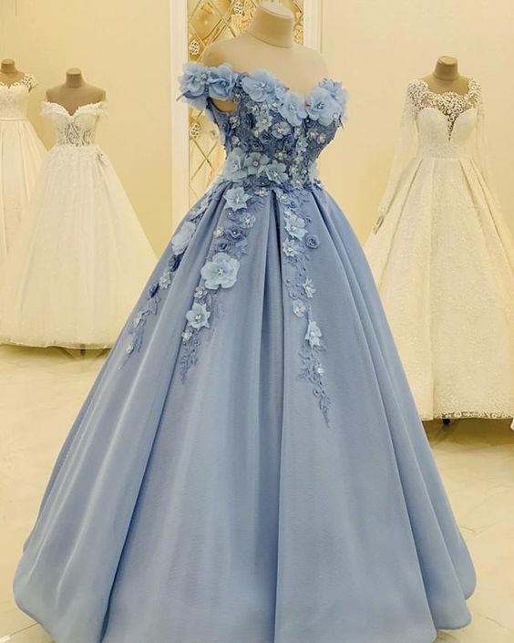 Tulle Off The Shoulder Prom Dresses With 3D Flowers   cg16358