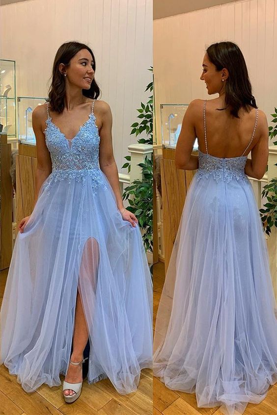 light blue long prom dress with side slit, 2020 prom dress with spaghetti straps   cg16359