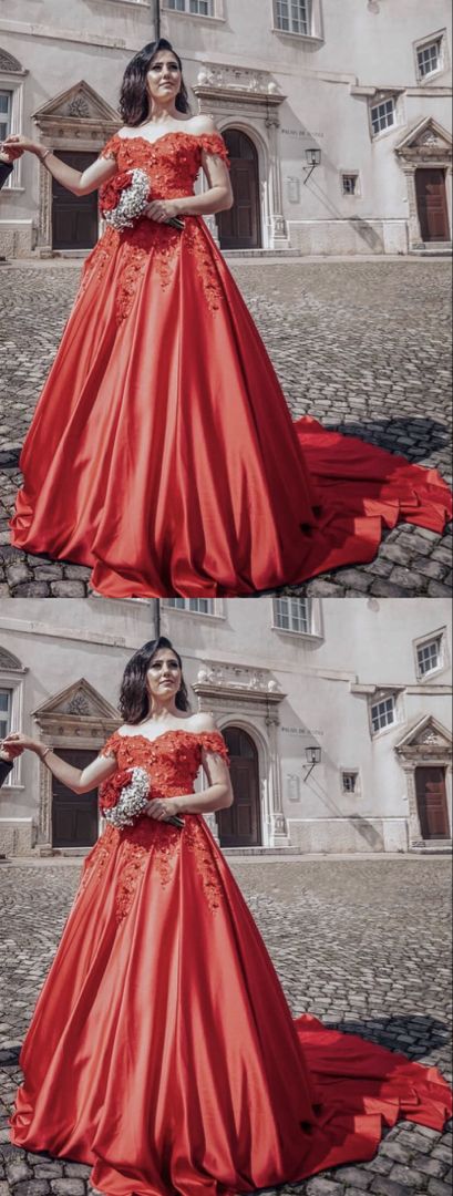 Elegant red wedding dresses ball gown lace beaded off the shoulder for bride Prom Dress   cg16361