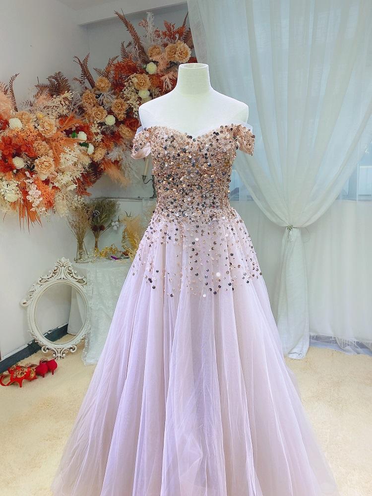 Pink Shiny Sequins Off Shoulder Tulle Ball Gown Prom Dress, Pink Long Party Dress   cg16385