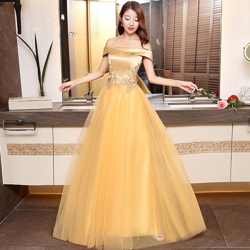 Beautiful Gold Off Shoulder Long Tulle Junior Prom Dress, Lace-Up Evening Dress   cg16387