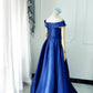 Off Shoulder Blue Satin Floor Length Party Dress, A-Line Junior Prom Dress    cg16390