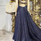 Dark blue sequin long prom dress , blue evening dress   cg16391
