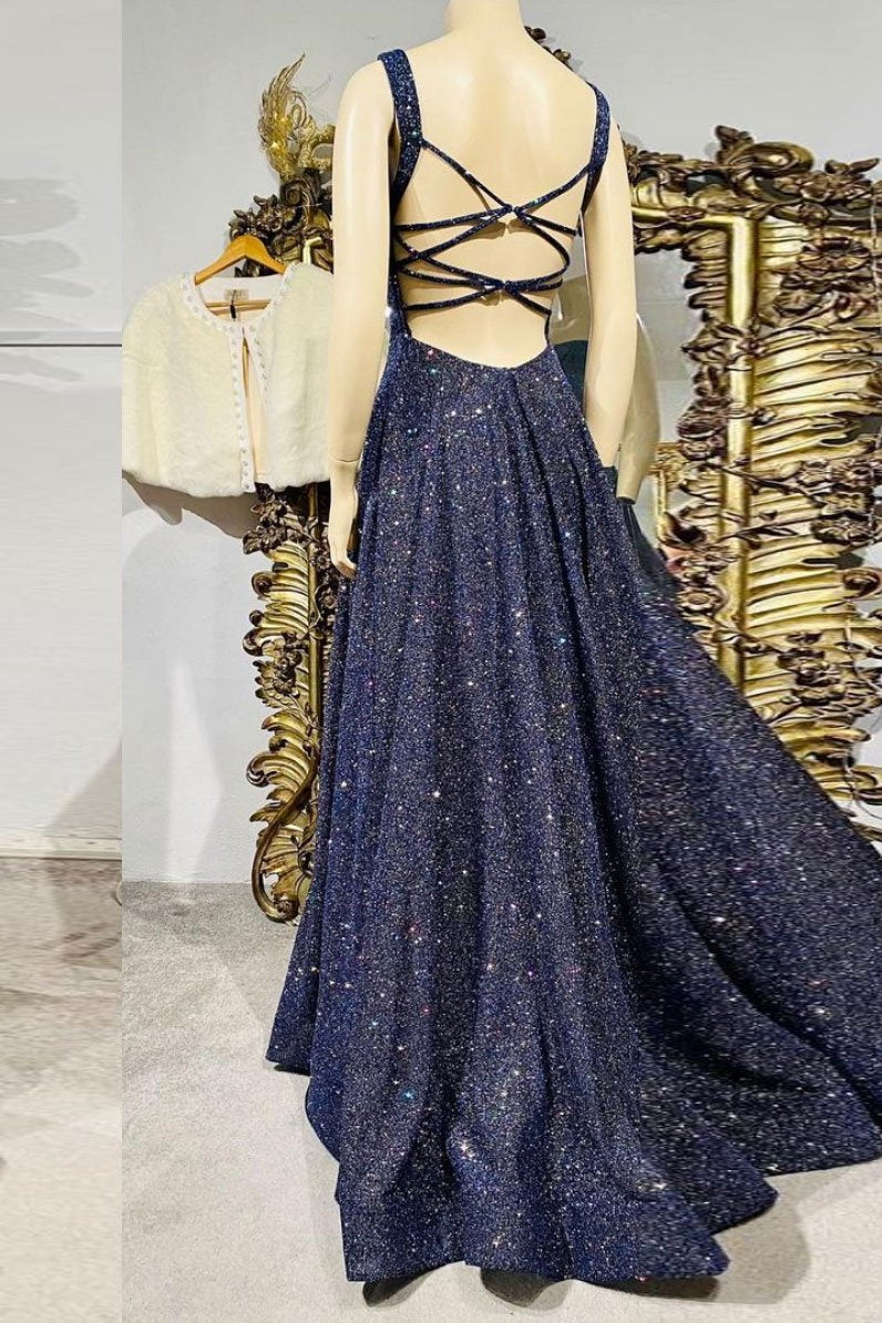 Dark blue sequin long prom dress , blue evening dress   cg16391