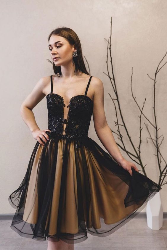 Black lace tulle short homecoming dress    cg16400