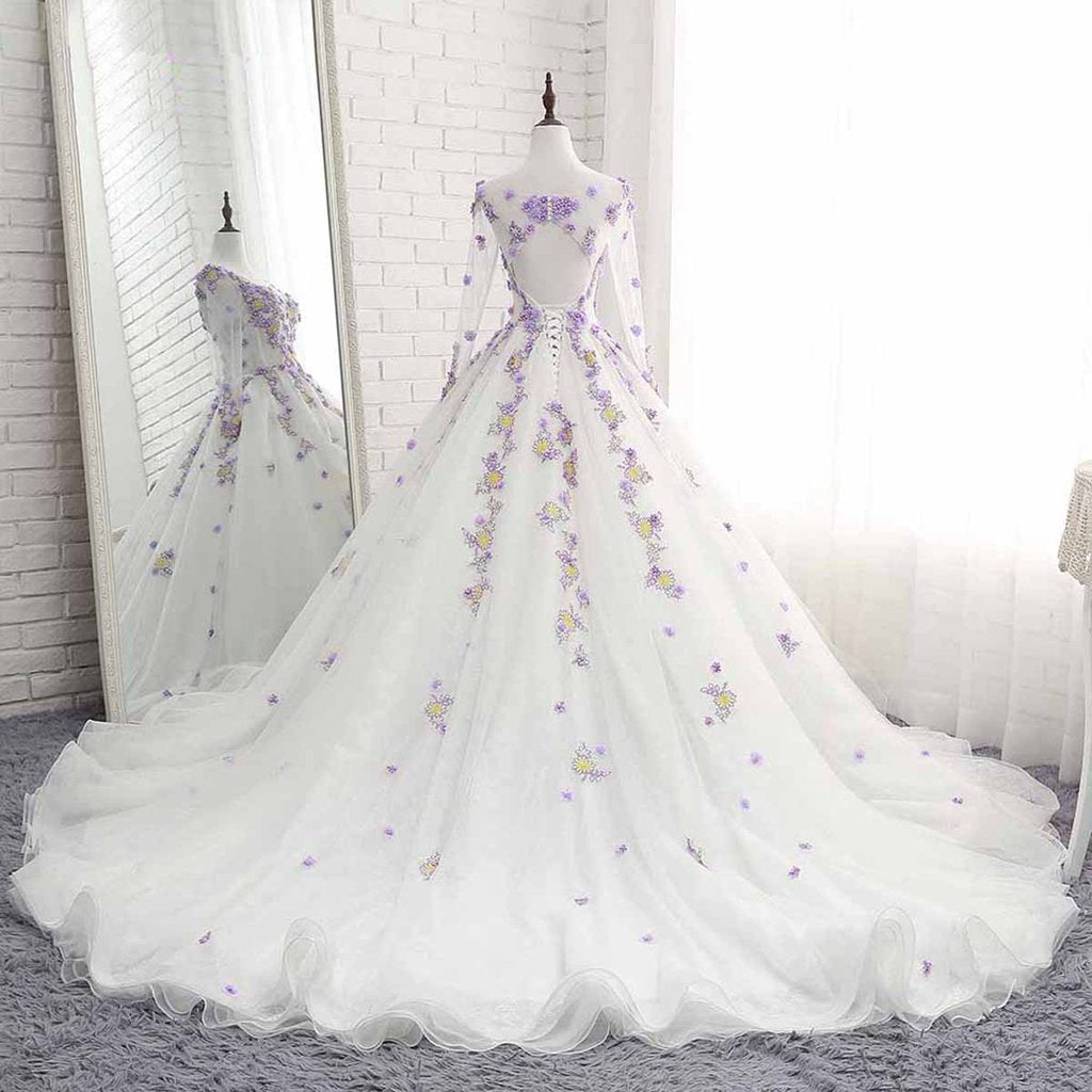 White Tulle Ruffles Long 3D Flower Lace Applique Prom Dress, Quinceanera Dress With Sleeve   cg16403