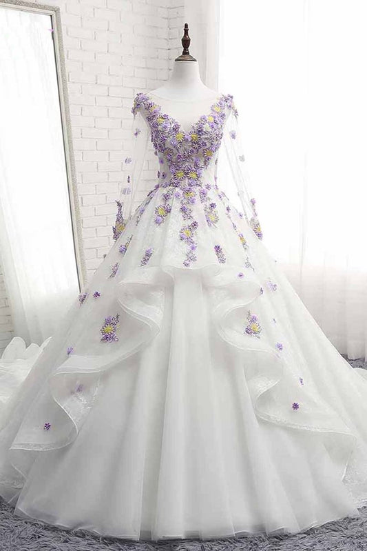 White Tulle Ruffles Long 3D Flower Lace Applique Prom Dress, Quinceanera Dress With Sleeve   cg16403