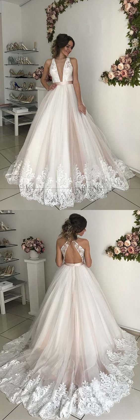 Open Back Plunge V neck Tulle Fall Wedding Dress Ball Gown with Lace Prom Dress evening dress   cg16407