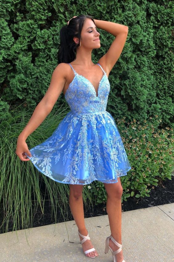 Lace-Up Sequined Sky Blue Homecoming Dress with Flowers    cg16431