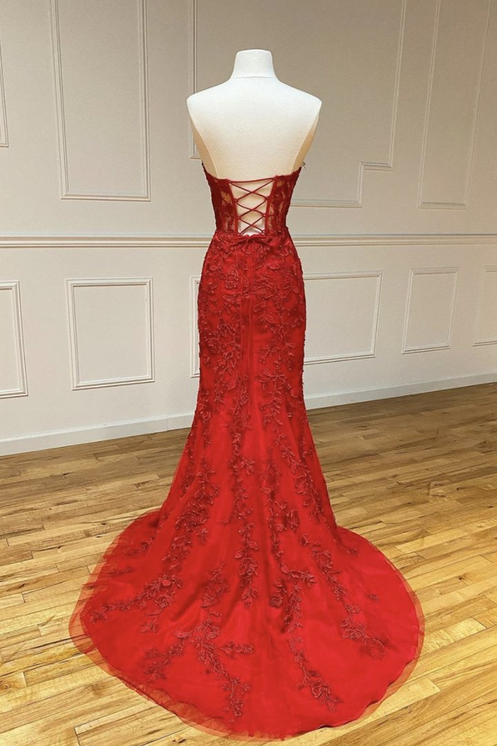 Red mermaid lace long prom dress evening dress   cg16443