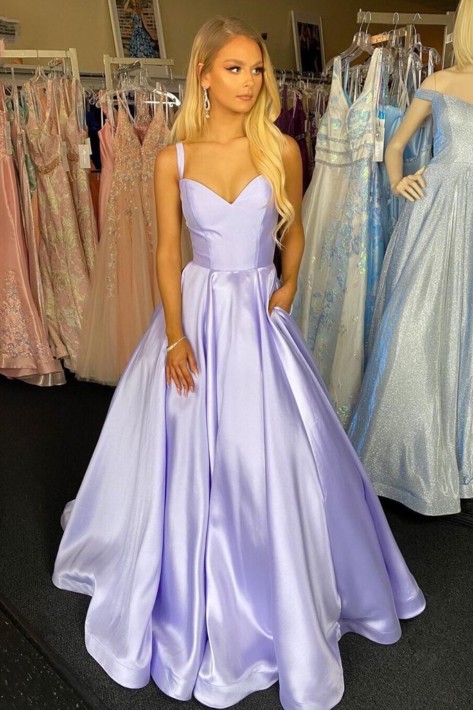A Line V Neck Purple Satin Long Prom Dress with Pockets, V Neck Purple Formal Graduation Evening Dress   cg16457